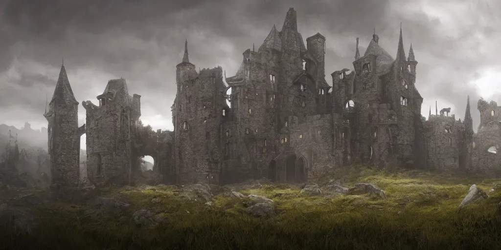 Prompt: matte painting, castle, dramatic landscape, overgrown, cinematic, overcast, interior light, rain, slight fog, artstation