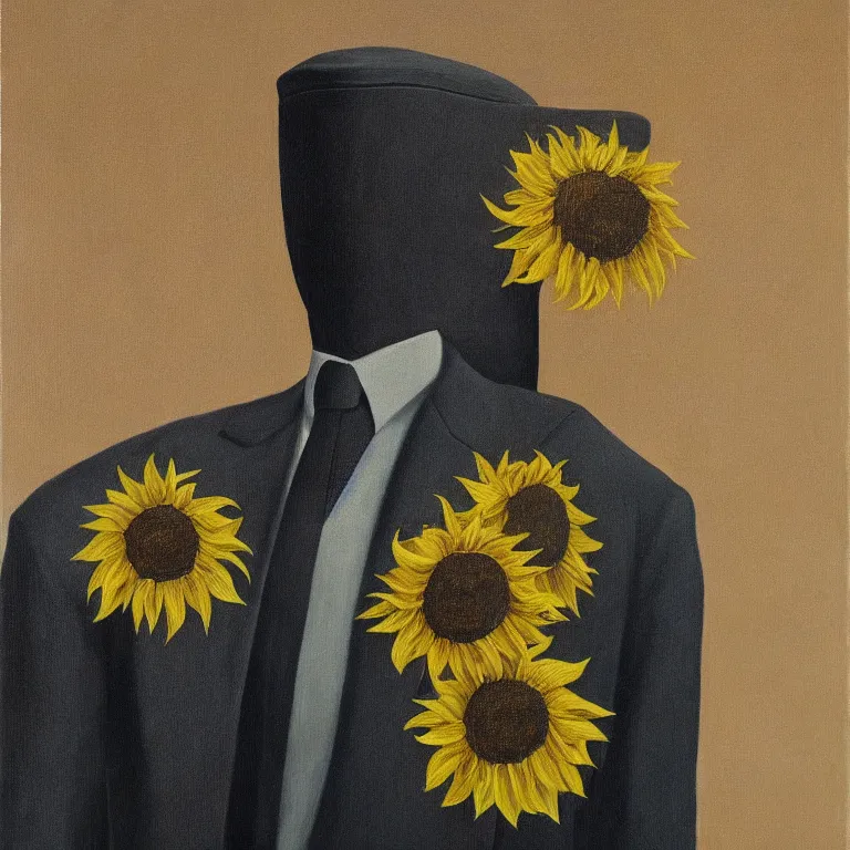 Prompt: portrait of a faceless sunflower - head man in a suit by rene magritte, detailed painting, distance, centered, hd, hq, high resolution, high detail, 4 k, 8 k