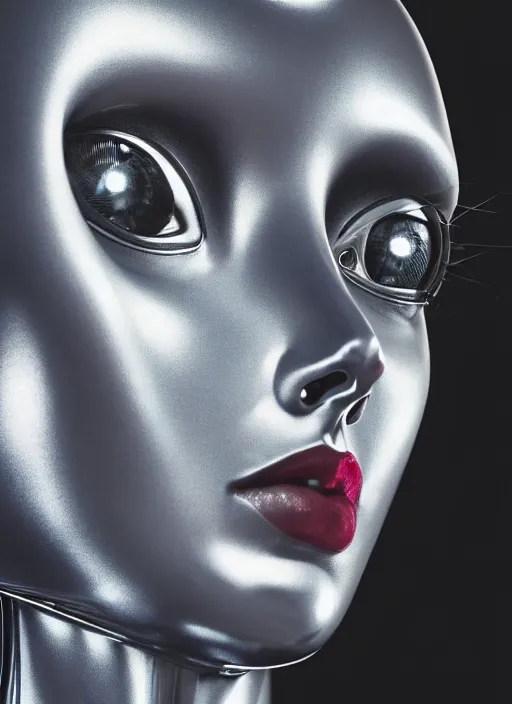 Image similar to a beautiful young female futuristic robot profile face photo, daguerrotype, closeup - view, f / 2. 8, low contrast, 1 6 k, beautiful lighting, reflective, insanely detailed and intricate, hypermaximalist, elegant, ornate, hyper realistic, super detailed, surreal dreamy poetic