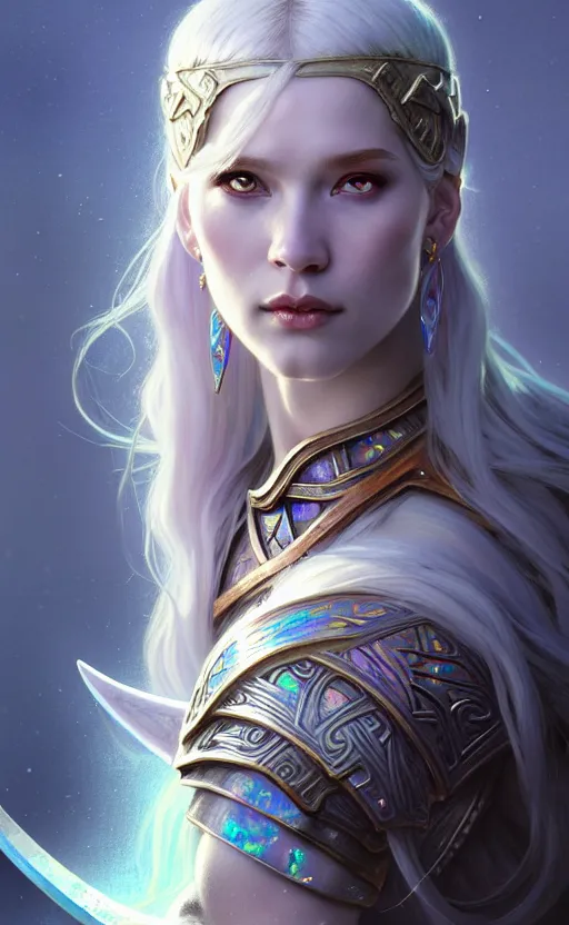 Image similar to iridescent opal viking warrior, winter, snow, morandi color scheme, hd, illustration, epic, d & d, fantasy, intricate, elegant, highly detailed, wide angle, digital painting, artstation, concept art, smooth, sharp focus, illustration, wallpaper, art by artgerm and greg rutkowski and alphonse mucha and jin xiaodi