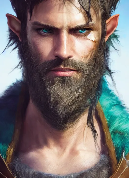 Image similar to A striking hyper real portrait painting of arrogant half-elf ranger, scar on face, shaggy brown hair, scruffy beard, teal tunic, 4k, 8k, Apex Legends Concept Art, D&D Concept Art, unreal 5, DAZ, hyperrealistic, octane render, cosplay, RPG portrait, dynamic lighting