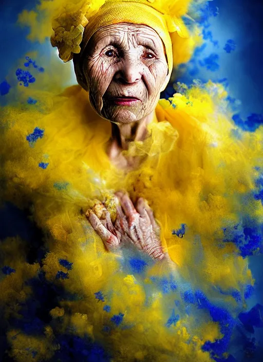 Image similar to crying old ukrainian woman!!!!, fully covered in yellow and blue clouds!!!, disarming, enchanting, fragile, hopeful, cloudcore, portrait, by kim keever