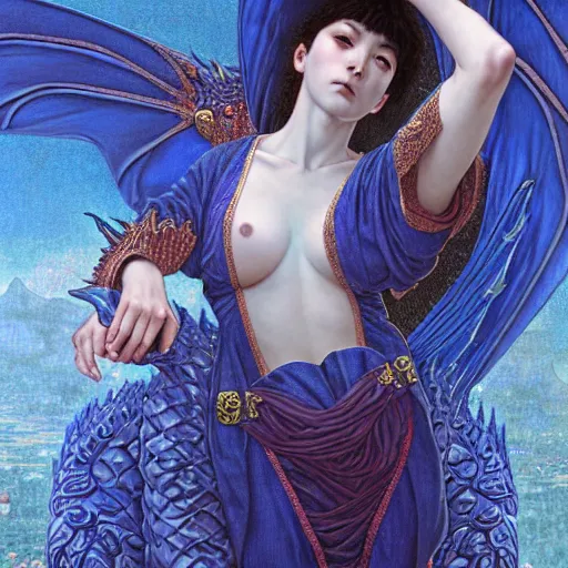 Image similar to closeup of a medieval fantasy blue dragon with electrcity magic, fantasy, d & d, high details, art by ( ( ( kuvshinov ilya ) ) ) and wayne barlowe and gustav klimt and artgerm and wlop and william - adolphe bouguereau