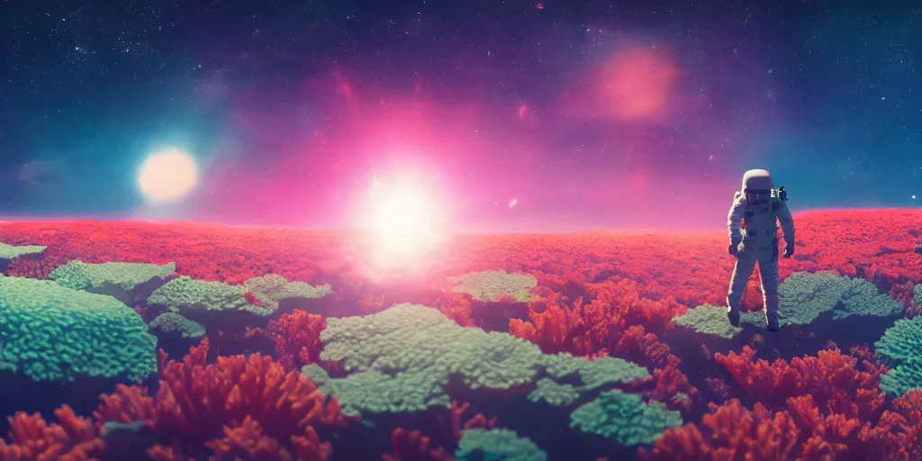 Prompt: astronaut walks in a field of colorful corals on the surface of a far away planet. universe in the background. wallpaper relaistic cgi 4 k lens flare cinematic color grading