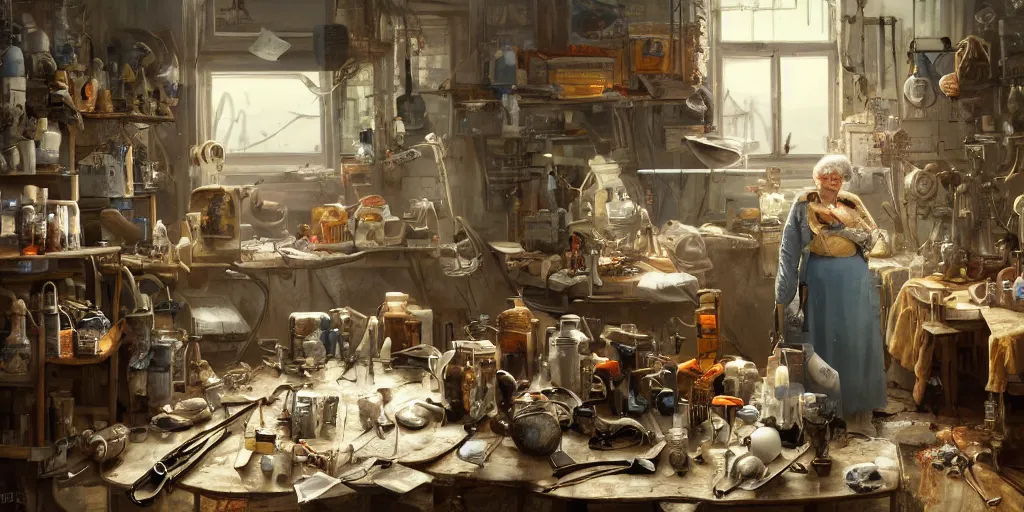 Image similar to an environmental concept art of an elderly russian woman cyberneticist in a cluttered workshop, surgical implements, surgery table, highly detailed, cinematic, dramatic, cyberpunk, dieselpunk, scifi