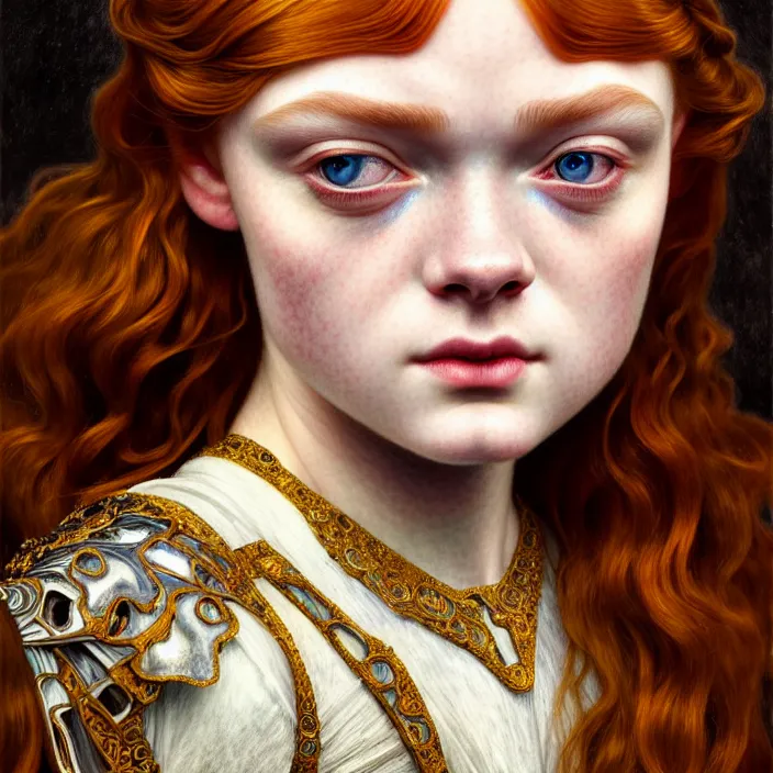 Prompt: ancient queen sadie sink, symetrical, diffuse lighting, fantasy, intricate, elegant, highly detailed, lifelike, photorealistic, digital painting, artstation, illustration, concept art, 4 k, smooth, sharp focus, art by john collier and albert aublet and krenz cushart and artem demura and alphonse mucha