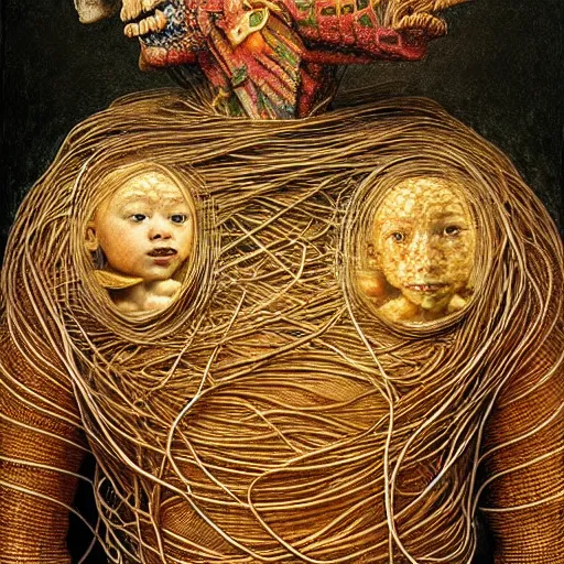 Image similar to half boy half rhino made of spaghetti, intricate armor made of spaghetti fractals, by giuseppe arcimboldo and ambrosius benson, renaissance, intricate and wet oil paint, a touch of beksinski, realistic