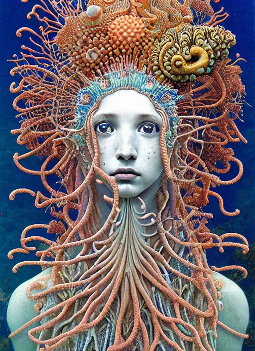 Prompt: realistic detailed underwater face portrait of the beautiful young goddess of the fish of the three lights with an intricate headdress of corals, sea kelp, sea plants, fish, jellyfish, art by ernst haeckel, h. r. giger, zdzisław beksinski, gustav klimt, gothic, neo - gothic, hyper - ornamental,