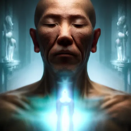 Image similar to Half cyborg half monk discovering enlightenment, dark atmosphere, 8k, cinematic lighting, symmetry, elegant, ornate, hyper realistic, zen