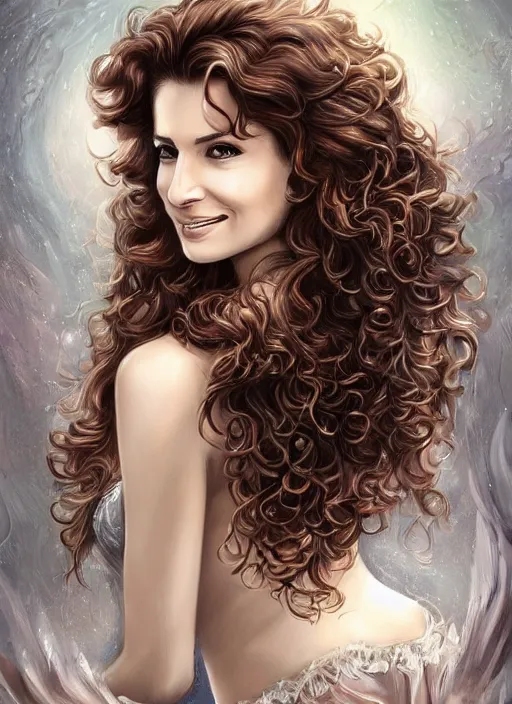 Image similar to beautiful angel woman, brunette smiling , curly hairstyle, looks like Ebru Şahin, Reyyan, looks like Fabiula Nascimento, looks like Laura Barriales, looks like Julia Roberts, D&D, fantasy, intricate, elegant, highly detailed, digital painting, artstation, concept art, character design, smooth, sharp focus, illustration, art by artgerm and greg rutkowski and alphonse mucha