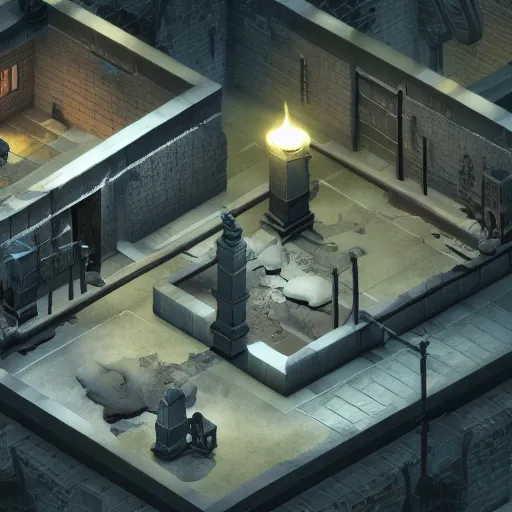 Image similar to Isometric game, 4k, dramatic lighting, unreal engine, abandoned laboratory, baldur's gate 2