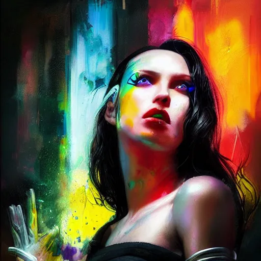 Prompt: cyberpunk goddess, black hair, side portrait, striking, defiant, spotlight, vibrant colors, paint splash, beautiful eyes, by marco paludet and gianni strino and marion bolognesi