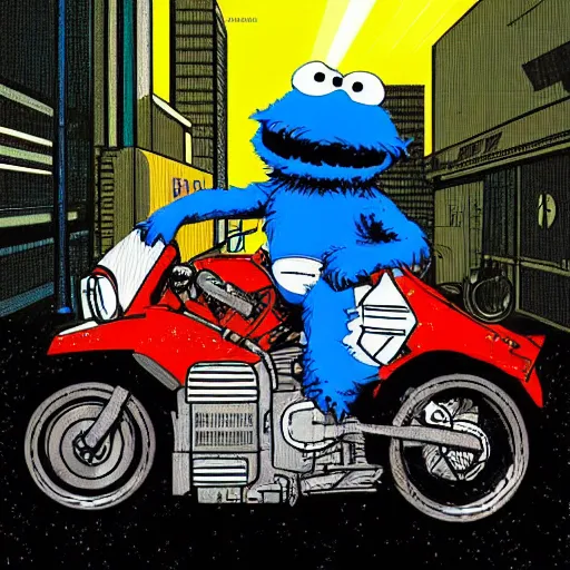 Image similar to illustration of cookie monster riding kaneda's motorcycle from akira by ilya kuvshinov katsuhiro otomo