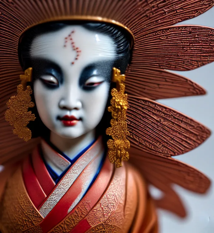 Prompt: Geisha, A Close up photo-real delicate ceramic porcelain sculpture of a symmetrical ornate detailed in front of an intricate background by Victo Ngai and takato yamamoto, micro detail, backlit lighting, face in focus, subsurface scattering, translucent, thin porcelain, octane renderer, colorful, physically based rendering, japanese pottery, trending on cgsociety