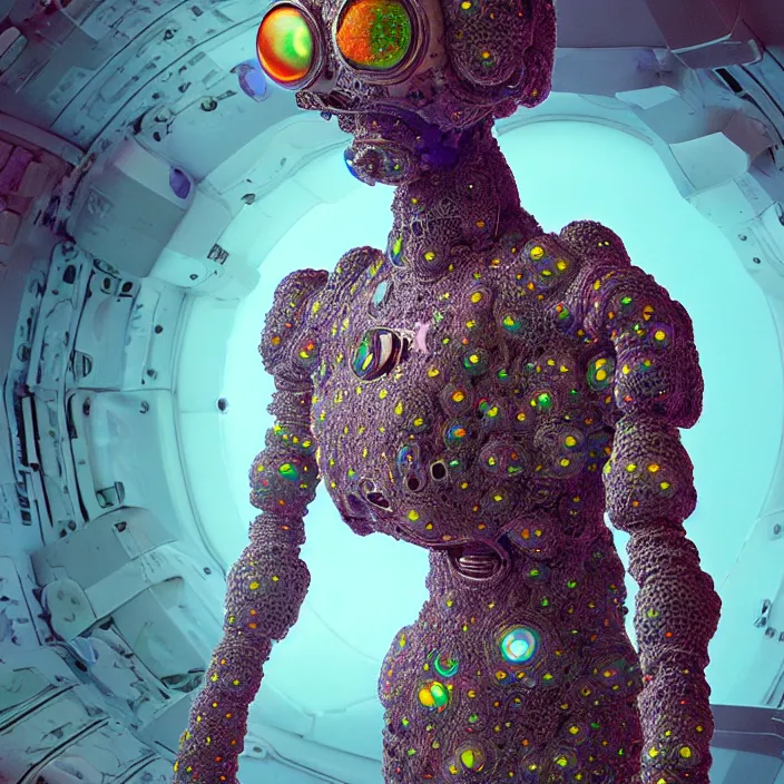 Image similar to a cybernetic symbiosis of a single astronaut mech-organic eva suit made of pearlescent wearing knitted shiny ceramic multi colored yarn thread infected with diamond 3d fractal lace iridescent bubble 3d skin dotted covered with orb stalks of insectoid compound eye camera lenses floats through the living room, film still from the movie directed by Denis Villeneuve with art direction by Salvador Dalí, wide lens,kevlar,carbon fiber,ceramics,gaseous materials,