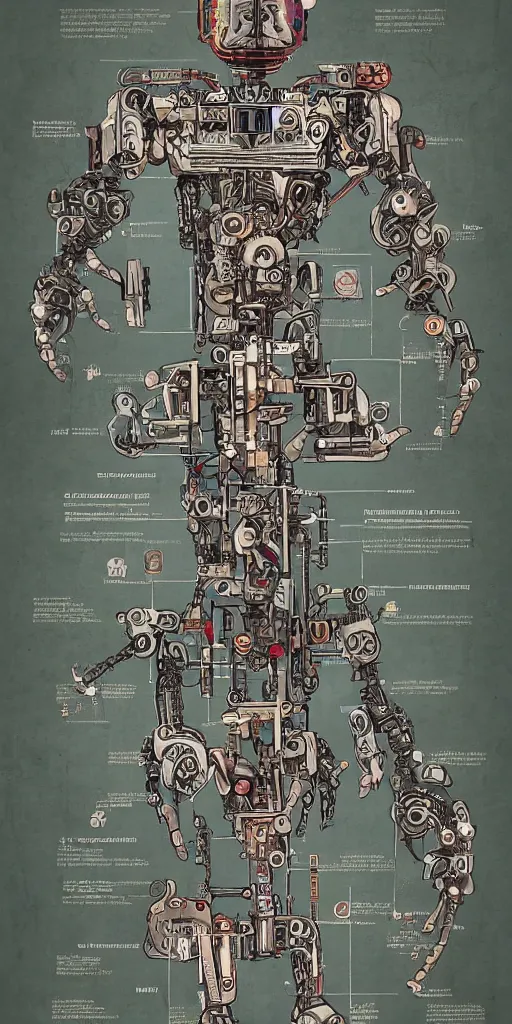 Image similar to anatomy of the terminator, robot, cyborg, t100, diagrams, mystical, intricate ornamental tower floral flourishes, technology meets fantasy, map, infographic, concept art, art station, style of wes anderson