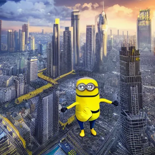 Prompt: huge giant yellow minion, destroying megapolis with skyscrapers and creating chaos, helicopter view, bold natural colors, national geographic, hd, wide angle, 8 k, perfect composition, golden ratio, beautiful detailed, photorealistic, smooth, sharp focus, octane render, unreal engine