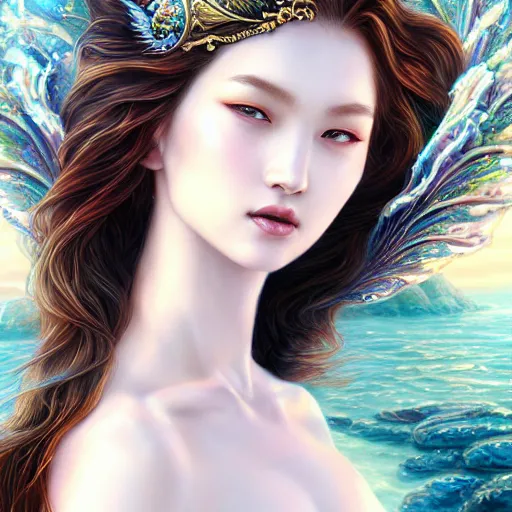 Image similar to a masterpiece ultrarealistic ultradetailed portrait of beautiful magic mermaid siren dragon lady baroque renaissance. medium shot, intricate, elegant, by stanley artgerm lau, wlop, rossdraws, andrei riabovitchev. flower background my james jeand.