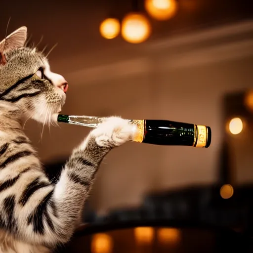 Image similar to a photo of a cat drinking expensive champagne in a fancy dark bar, mood lighting, f 1. 8, iso 1 6 0 0