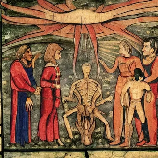 Prompt: a scan of a 1 5 th century mural depicting a scene from the x - files ( 1 9 9 3 )