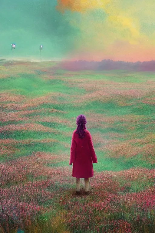 Prompt: portrait, giant flower as ahead, a girl wearing a coat in heather field, surreal photography, wind and cold, dramatic sky, impressionist painting, digital painting, artstation, simon stalenhag