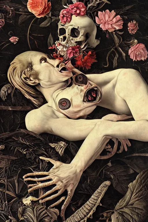 Image similar to Detailed maximalist portrait a man lying on bed with large lips and with large white eyes, exasperated expression, botany bones, HD mixed media, 3D collage, highly detailed and intricate, surreal illustration in the style of Caravaggio, dark art, baroque