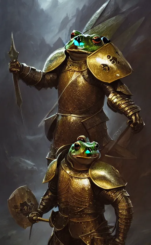 Prompt: a frog, dressed as a knight, holding up a large shield, battle armor, atmospheric lighting painted intricate volumetric lighting, beautiful, sharp focus, ultra detailed by leesha hannigan, ross tran, thierry doizon, kai carpenter, ignacio fernandez rios, makoto shinkai, sharp, mindblowing, 4 k uhd, 8 k