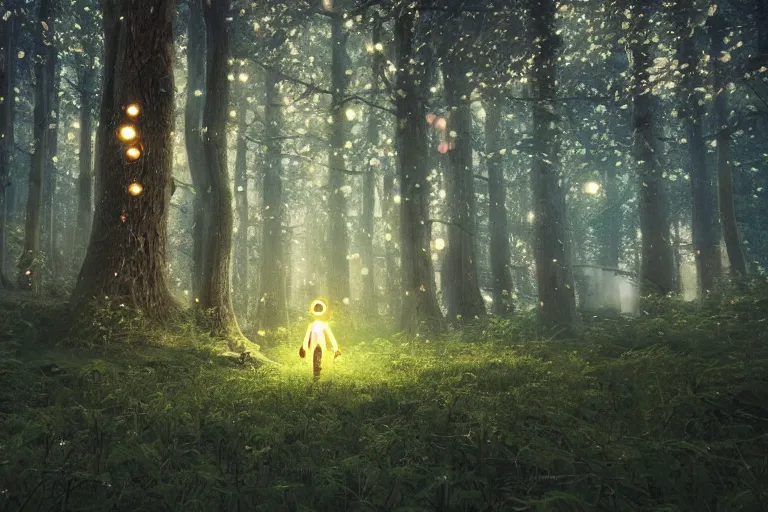 Prompt: An astronaut walking in an enchanted forest. Glowing mushrooms. Cinematic lighting. Photorealism.