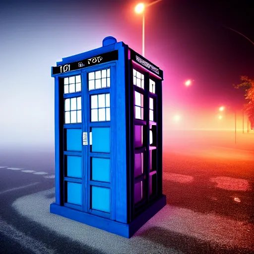 Image similar to a hyperdetailed photograph of the tardis sat on a futuristic street corner, night, dense fog, rain, hd, 8 k resolution