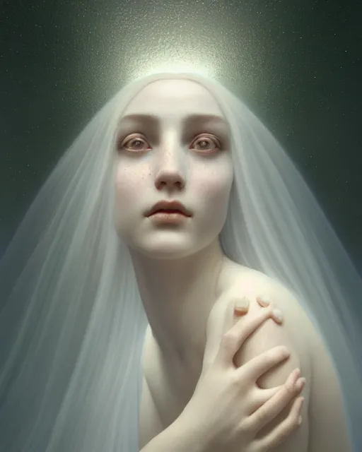 Image similar to dreamy, subsurface scattering, white, young beautiful goddess in cosmos, octane render, dino valls, mark ryden, joe fenton, michal karcz, highly detailed, rim light, art, cinematic lighting, very coherent, hyper realism, 8 k