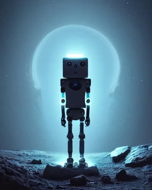 Image similar to a robot standing in front of a glowy open door that's on a barren moon, poster art by mike winkelmann, trending on cg society, space art, sci - fi, ue 5, futuristic, volumetric lighting, light casting onto the ground, neat composition and camera angle