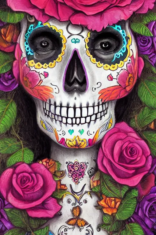 Image similar to Illustration of a sugar skull day of the dead girl, art by Justin Gerard