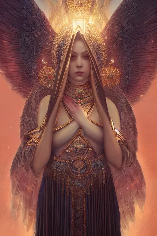 Image similar to A beautiful digital painting of a female Seraphim, intricate jewels, princess, the sun behind her, intricate, cinematic lighting, highly detailed, digital painting, Artstation, concept art, smooth, sharp focus, illustration, art by Tom Bagshaw, Artgerm and Greg Rutkowski