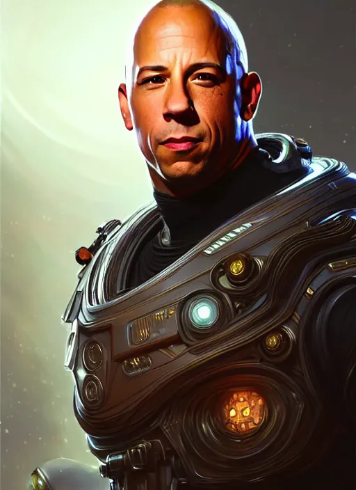 Image similar to portrait of apex legends vin diesel, intricate, elegant, glowing lights, highly detailed, digital painting, artstation, glamor pose, concept art, smooth, sharp focus, illustration, art by artgerm and greg rutkowski, artey freytag