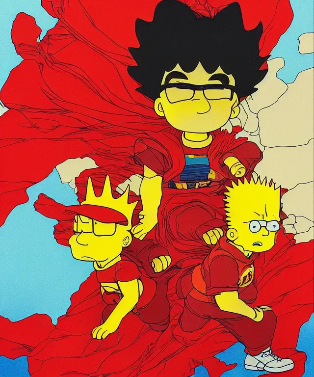 Prompt: katsuhiro otomo, bart simpson with red cape from akira, vibrant colors and hard shadows and strong rim light, comic cover art, plain background, trending on artstation, in the style of katsuhiro otomo greg rutkowski alphonse mucha