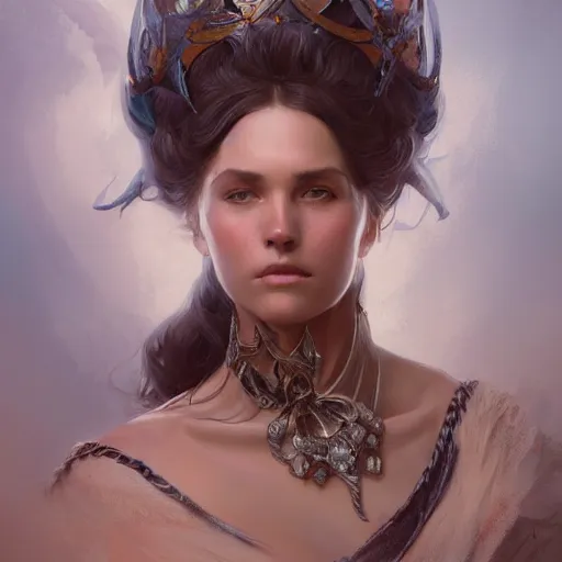 Prompt: portrait of a rugged queen, D&D, fantasy, intricate, elegant, highly detailed, digital painting, artstation, concept art, smooth, sharp focus, illustration, art by artgerm and greg rutkowski and alphonse mucha