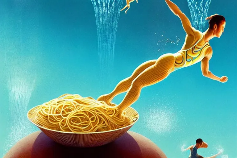 Image similar to olympic diver made of pasta diving into a pool of pasta, splash, art deco intricate ripples, fantasy, elegant, highly detailed, sharp focus, art by artgerm and beeple and greg rutkowski and wlop