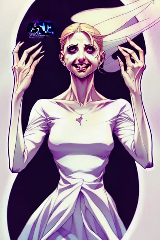 Image similar to artgerm, joshua middleton comic cover art, pretty ghost sarah michelle gellar entire full body, floating, creepy smile, white dress, friendly, translucent skin, symmetrical eyes, symmetrical face, middle shot, long white hair, inside haunted house