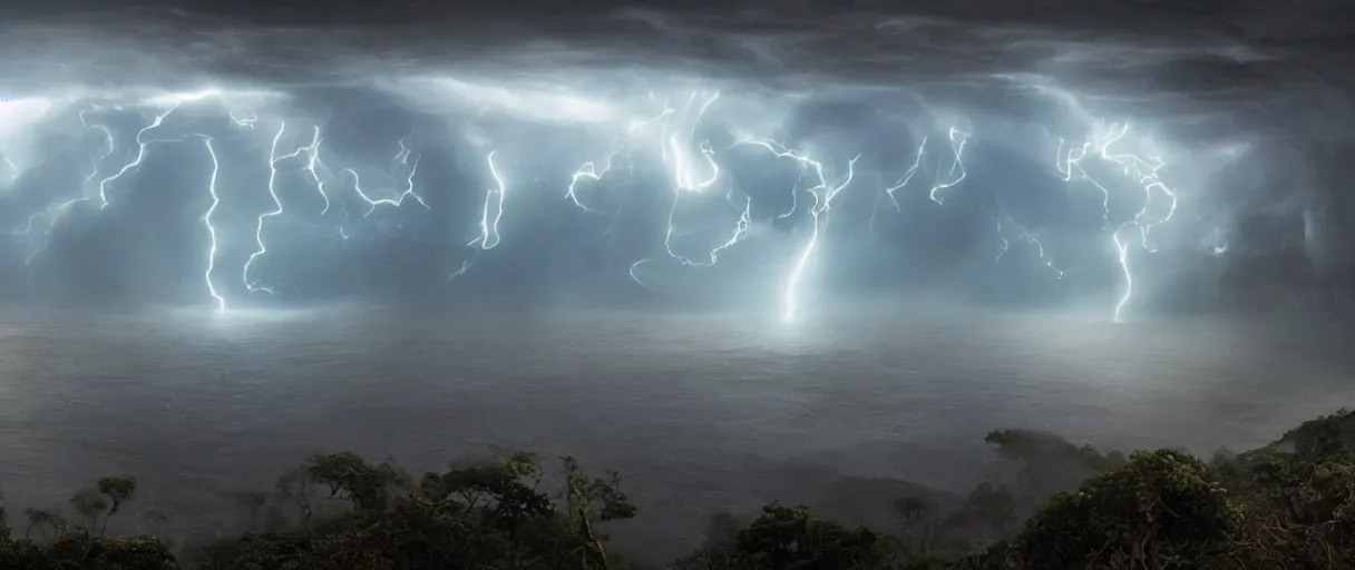 Image similar to a giant octopus tentacle hanging from the clouds over a rain forest, lightning storm and sun rays, ambient light, a volcano erupte, still from the movie the arrival, 8k