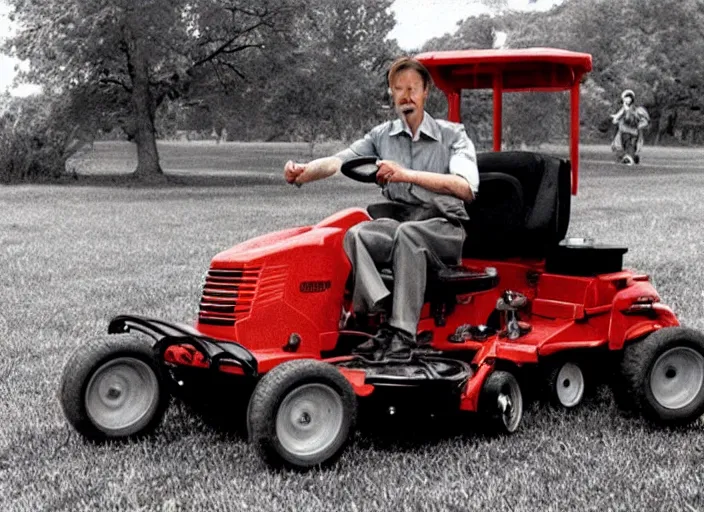 Prompt: steve buscemi driving a cadet cub lawn mower, movie still, from the new forest gump movie, 8 k, realistic