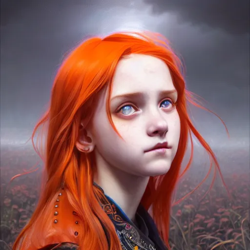 Prompt: portrait painting of a cute teenage girl with wild orange hair swept back wearing punk clothes, ultra realistic, concept art, intricate details, eerie, highly detailed, photorealistic, octane render, 8 k, unreal engine. art by artgerm and greg rutkowski and charlie bowater and magali villeneuve and alphonse mucha