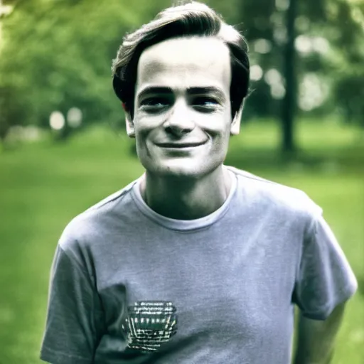 Image similar to The young Richard Feynman wearing a t-shirt, stunning portrait, 35mm F/1.2