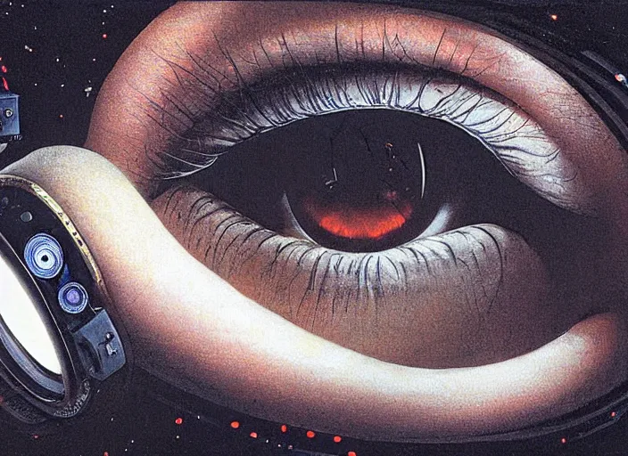 Prompt: cameras with eyes as lenses film a frightened couple embracing by john howe and stanley kubrick, sci - fi, 2 0 0 1 space odyssey, reimagined by industrial light and magic