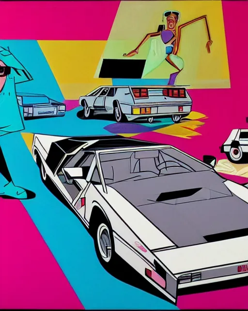 Image similar to Crockett and Tubbs and a white Countach, Miami Vice (1984), in the style of Alex Yanes and John Kricfalusi and Damien Hirst, muted pastel neon color surrealist cubist, tense design, detailed painting, spray art, spatter, collage, isolated on white, juxtapoz magazine, cartoon brew, golden ratio, rule of thirds