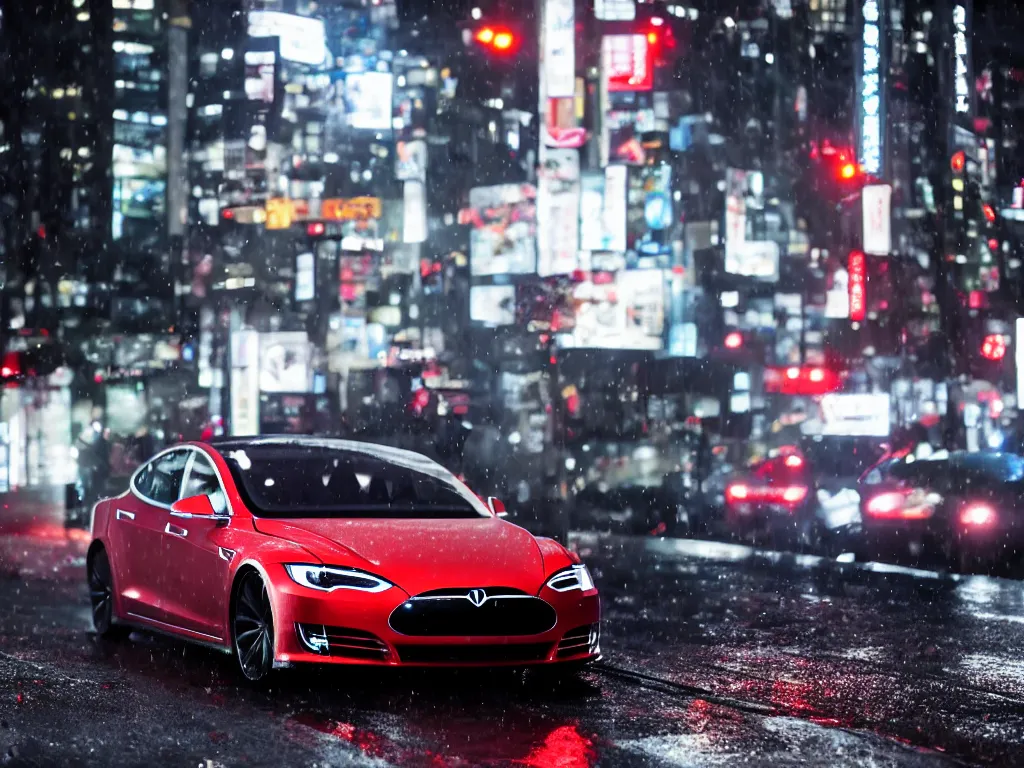 Prompt: A modified Tesla model S drifting on rainy Tokyo streets, night Time, 4k, 8k, cinematic shot