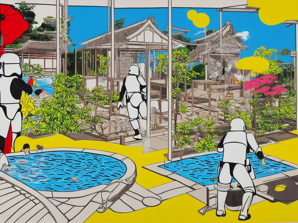 Image similar to hyperrealism composition of the japanese house with a hot springs in the garden, two detailed stormtroopers bathe in a hot spring, pop - art style, jacky tsai style, andy warhol style, roy lichtenstein style, acrylic on canvas