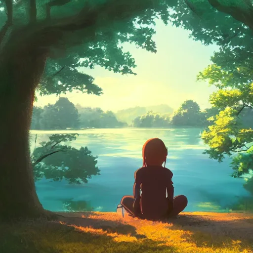 Image similar to a person sitting by a lake, seen from the back, in an enchanted forest, by makoto shinkai, myazaki hayao, warm colors