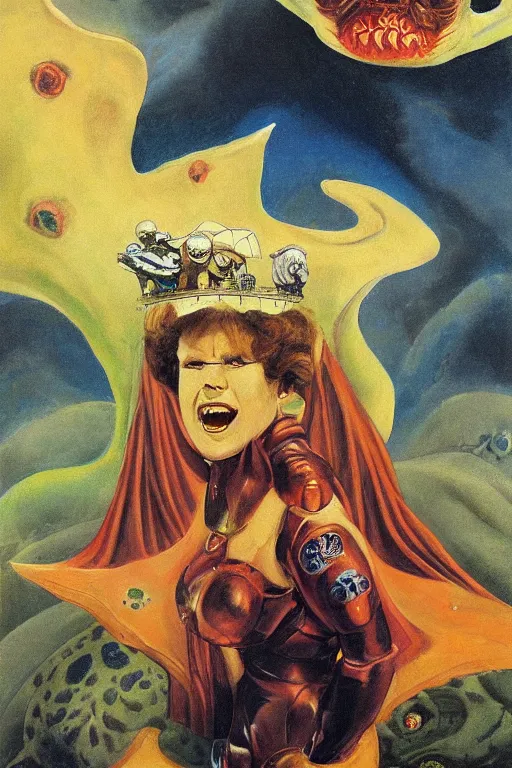 Image similar to a queen on top of a giant tardigrade retro japanese monster slimy leather, oil painting, 7 0 s vintage art, by georgia o keeffe, by gustave dore, by frank frazetta, nausicaa