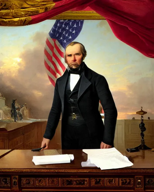 Image similar to close - up portrait of the united states president, thanos, standing at the resolute desk, 1 8 4 8, attractive, oil on canvas by william sidney mount, trending on artstation, national archives