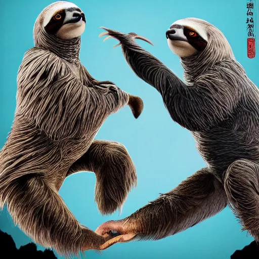 Image similar to sloth fighting a pigeon kung fu style s in a dojo, facing each other, aggressive sloth vs a muscled pigeon, best photo award, high quality 8 k, cinematic lighting, painting by kusama